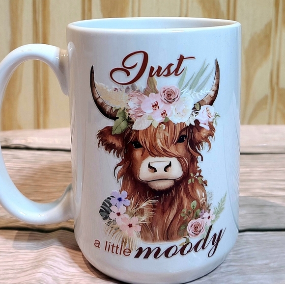 Floral Highland Cow Mug Just A Little Moody - White 15 ounce - Picture 1 of 8